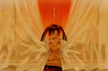 1girl aaniko arms_behind_back black_hair blunt_bangs blunt_ends breasts closed_eyes collared_shirt commentary_request cowboy_shot crying curtains dusk enomoto_takane indoors kagerou_project medium_breasts open_collar open_mouth orange_sky plaid_clothes plaid_skirt red_skirt school_uniform shirt short_sleeves skirt sky solo song_name standing sweater_vest tears twintails white_shirt window yellow_sweater_vest yuukei_yesterday_(vocaloid)