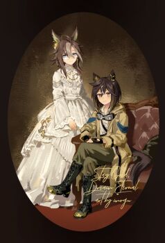 Rule 34 | 2girls, animal ears, artist name, boots, border, brown hair, character name, coat, crossed legs, dream journey (snow-white dreamland) (umamusume), dream journey (umamusume), dress, fingerless gloves, frilled dress, frilled sleeves, frills, glasses, gloves, goggles, hair between eyes, highres, horse ears, horse girl, horse tail, long sleeves, mogyus, multiple girls, official alternate costume, oval image, pants, sitting, smile, standing, stay gold (umamusume), tail, umamusume, white dress