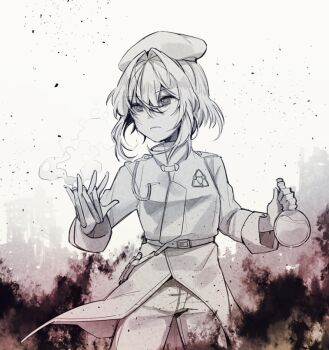1girl alternate_costume ange_katrina belt beret closed_mouth coat commentary_request cowboy_shot flask frown greyscale hair_between_eyes hair_intakes hands_up hat holding holding_flask holding_test_tube long_bangs long_sleeves military_coat military_uniform mitsumine_(ookami_no_oyashiro) monochrome nijisanji pants round-bottom_flask short_hair smoke solo test_tube test_tube_holster virtual_youtuber
