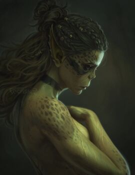 Rule 34 | 1girl, alien, baldur's gate, baldur's gate 3, braid, brown hair, colored skin, covering breasts, covering privates, dungeons & dragons, dungeons &amp; dragons, facepaint, feyspeaker, gith (d&amp;d), green skin, half up half down braid, highres, lae'zel, long hair, multiple braids, nude, pointy ears, solo, spots, upper body