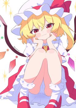 1girl ascot ass bare_arms bare_legs blonde_hair blush blush_stickers bobby_socks bow cameltoe commentary crystal_wings flandre_scarlet frilled_hat frilled_sailor_collar frills hands_on_own_cheeks hands_on_own_face hat hat_bow head_tilt highres knees_together_feet_apart light_smile loli looking_at_viewer mary_janes masakamea mob_cap one_side_up panties pantyshot puffy_short_sleeves puffy_sleeves red_bow red_eyes red_shoes red_skirt red_vest sailor_collar shirt shoes short_sleeves skirt skirt_set socks solo sparkle squatting touhou twitter_username underwear vest white_hat white_panties white_shirt white_socks wings yellow_ascot