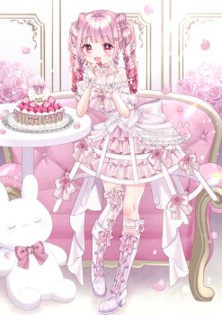 :d absurdres asymmetrical_legwear azarashi6 back_bow bare_shoulders birthday_cake blush boots bouquet bow bow-shaped_hair bow_earrings bridal_gauntlets bustle cake chair choker commentary_request crinoline dress earrings falling_petals flower food fork frilled_choker frilled_skirt frills fruit full_body gloves gradient_hair hair_ornament hairclip hand_up high_heel_boots high_heels highres holding holding_fork indie_virtual_youtuber itsuki_arisa jewelry lace-up_boots looking_at_viewer multicolored_hair off-shoulder_dress off_shoulder open_mouth petals pink_bow pink_eyes pink_hair puffy_sleeves rose rose_petals sample_watermark short_sleeves skirt smile standing strawberry strawberry_cake stuffed_animal stuffed_rabbit stuffed_toy table thighhighs too_many too_many_frills twintails virtual_youtuber watermark white_boots white_gloves