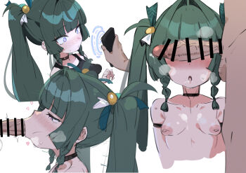 1boy 1girl :>= absurdres android arm_strap bar_censor black_choker black_tank_top blush braid breasts censored choker erection fellatio green_hair hetero highres holding holding_phone huge_filesize hypnosis hypnosis_app loli long_hair mind_control multiple_views nipples nose_blush ocha_(popopogg) open_mouth oral penis penis_awe penis_on_face penis_over_eyes phone purple_eyes qingyi_(zenless_zone_zero) robophilia robot robot_girl sequential small_breasts solo_focus tank_top twin_braids twintails zenless_zone_zero