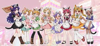 +_+ absurdres alternate_costume animal_ears apron aqua_eyes bandaid bandaid_on_cheek bandaid_on_face battle_tendency black_dress black_footwear black_thighhighs blonde_hair blush boots bow cat_ears cat_girl cat_tail character_doll commentary_request cross-laced_footwear curly_hair dark-skinned_female dark_skin diamond_wa_kudakenai diavolo diego_brando dio_brando doll dress enmaided enrico_pucci fang funny_valentine genderswap genderswap_(mtf) green_dress grin hair_bow hair_ornament headband heart heart_hair_ornament heart_hands high_heels highres holding holding_sign jojo_no_kimyou_na_bouken kars_(jojo) kemonomimi_mode killer_queen kira_yoshikage knee_boots lipstick long_hair low_twintails maid maid_headdress makeup one_eye_closed open_mouth pantyhose paw_pose phantom_blood pink_hair puffy_short_sleeves puffy_sleeves purple_dress purple_eyes purple_hair purple_lips red_dress red_eyes sandals sempon_(doppio_note) sharp_teeth short_dress short_hair short_sleeves sign smile spotted_hair standing standing_on_one_leg stardust_crusaders steel_ball_run stone_ocean stuffed_animal stuffed_cat stuffed_toy sweatdrop tail teeth thighhighs twintails vento_aureo vinegar_doppio waist_apron white_hair white_pantyhose yellow_dress