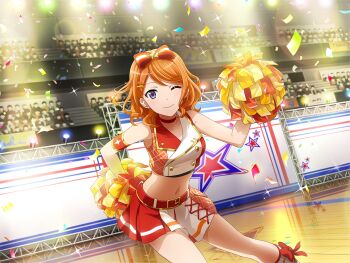 1girl belt bow cheerleader choker closed_mouth confetti cropped_shirt crowd ebisu_tsukasa game_cg hair_bow hair_ornament hairclip holding holding_pom_poms leaning_forward looking_at_viewer navel official_art one_eye_closed orange_hair pom_pom_(cheerleading) pom_poms purple_eyes red_belt red_bow red_choker red_skirt short_hair shoujo_kageki_revue_starlight shoujo_kageki_revue_starlight_-re_live- skirt smile solo stage_lights standing stomach swept_bangs two-tone_skirt upper_body wavy_hair white_skirt