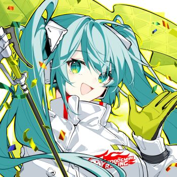 Rule 34 | 1girl, aqua eyes, aqua hair, commentary, flag, fy fei xiao ya, gloves, goodsmile company, goodsmile racing, hair ornament, hatsune miku, highres, holding, holding flag, jacket, long hair, looking at viewer, official alternate costume, racing miku, racing miku (2022), smile, solo, symbol-only commentary, twintails, vocaloid, white jacket, yellow gloves