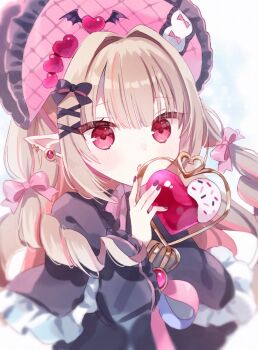 1girl :o black_capelet black_nails black_ribbon black_sleeves blonde_hair bloom blunt_bangs blush bonnet bow capelet chinstrap colored_inner_hair commentary drill_hair ear_chain earclip earrings frilled_bonnet frilled_capelet frilled_sleeves frills hair_intakes hair_ornament hair_ribbon haruno_ichigo heart heart_wand highres holding holding_wand jewelry linked_piercing long_hair long_sleeves magical_girl makaino_ririmu multicolored_hair nail_polish nijisanji official_alternate_costume official_alternate_hairstyle parted_lips piercing pink_bow pink_hair pink_ribbon pink_streaks pointy_ears puffy_long_sleeves puffy_sleeves red_eyes ribbon sidelocks simple_background solo standing star-shaped_pupils star_(symbol) streaked_hair symbol-only_commentary symbol-shaped_pupils two-tone_hair two_side_up upper_body virtual_youtuber wand white_background white_ribbon winged_heart x_hair_ornament