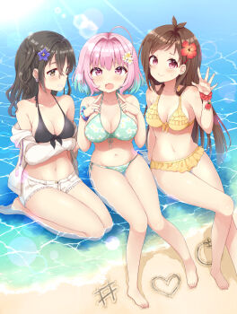 Rule 34 | #unicus (idolmaster), 3girls, ahoge, apple, aqua bikini, arm support, arm under breasts, bangle, bare shoulders, barefoot, bikini, bikini under clothes, black bikini, black hair, blue flower, blush, bracelet, breasts, brown hair, cleavage, closed mouth, collarbone, crossed bangs, day, drawstring, fang, floral print, flower, food, frilled bikini, frills, front-tie bikini top, front-tie top, fruit, full body, groin, hair between eyes, hair flower, hair intakes, hair ornament, hairclip, heart, highres, hood, hoodie, idolmaster, idolmaster cinderella girls, jewelry, knee up, knees together feet apart, large breasts, lens flare, lips, multicolored hair, multiple girls, navel, ocean, off shoulder, open fly, open mouth, outdoors, pink eyes, pink hair, pointing, pointing at self, red flower, red scrunchie, ring, sand, sand art, scrunchie, sharp teeth, shiny skin, shore, short shorts, shorts, side-tie bikini bottom, sitting, skin fang, sun, sunazuka akira, sunlight, swept bangs, swimsuit, teeth, thighs, tongue, tsujino akari, two-tone hair, wariza, water, wet, wet hair, white hoodie, white shorts, wrist scrunchie, yellow bikini, yellow flower, yoshikita popuri, yumemi riamu