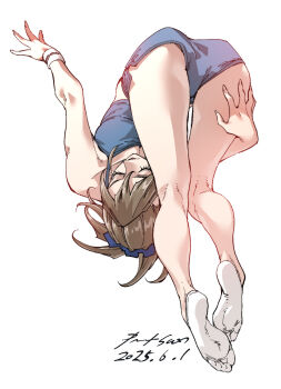 1girl ass bare_legs brown_hair camisole closed_eyes crop_top dolphin_shorts flexible full_body highres legs nabipenciller original ponytail shorts socks solo stretching thigh_gap