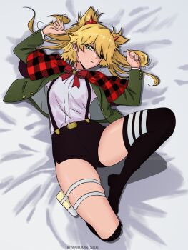 1girl 2025 artist_name black_thighhighs blonde_hair blouse bow breasts burn_the_witch capelet female_focus green_eyes lying maroon_side ninny_spangcole on_back red_bow shirt short_shorts shorts small_breasts suspenders thigh_strap thighhighs thighs twintails twitter_username variant_set