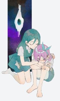 2girls \||/ alternate_hair_color ankle_socks aubrey_(faraway)_(omori) aubrey_(omori) bare_arms bare_legs barefoot blue_hairband blush bow_hairband breasts buttons closed_eyes closed_mouth collared_shirt commentary_request convenient_leg crossed_arms crying crying_with_eyes_open dddoochi1 denim denim_skirt double-parted_bangs ear_blush fingernails full_body green_hair green_skirt green_sweater_vest grey_background hair_behind_ear hair_between_eyes hairband hand_on_another&#039;s_arm hand_on_another&#039;s_shoulder highres jacket kneeling knees_up korean_commentary leaning_forward long_hair mari_(faraway)_(omori) mari_(omori) miniskirt multiple_girls no_shoes nose_blush omori paper_texture pink_hair raised_eyebrows raised_inner_eyebrows shirt short-sleeved_jacket short_sleeves simple_background sitting skirt small_breasts smile socks something_(omori) straight_hair sweater_vest tears toes u_u white_jacket white_shirt white_socks