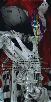 Rule 34 | 1boy, aleph (reverse:1999), black eyes, black mask, covered mouth, english text, glitch, gyujik qzc, hand up, highres, holding, holding mask, long hair, looking at viewer, male focus, mask, one eye covered, portrait, red hair, reverse:1999, shirt, solo, unworn mask, white shirt