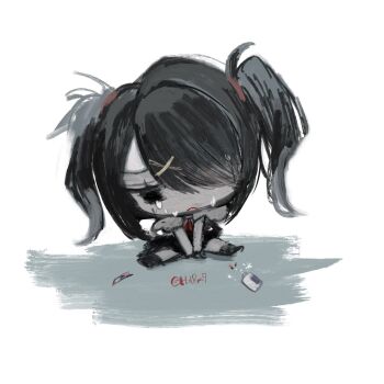 1girl ame-chan_(needy_girl_overdose) black_eyes black_hair black_shoes boxcutter chibi chibi_only crying crying_with_eyes_open hair_ornament hair_over_one_eye highres implied_self-harm naishukketsukata needy_girl_overdose on_ground pill_bottle self-harm_scar shoes short_twintails solo spread_legs tears twintails x_hair_ornament