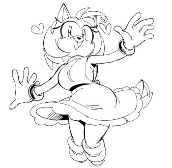 amy_rose animation_sensation arms_up blush bracelet breasts dress gloves hairband heart jewelry large_breasts lineart long_eyelashes looking_at_viewer looking_down open_mouth short_dress short_hair sideboob simple_background smile sonic_(series) tail white_background wide_hips