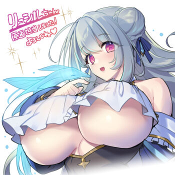 1girl :d blue_bow blush bow braid braided_bun breasts character_request commentary_request detached_sleeves frills from_below grey_hair hair_bow hair_bun koikawa_minoru kyonyuu_fantasy_burst large_breasts long_hair looking_at_viewer open_mouth pink_eyes revealing_clothes simple_background smile solo translation_request underboob upper_body white_background