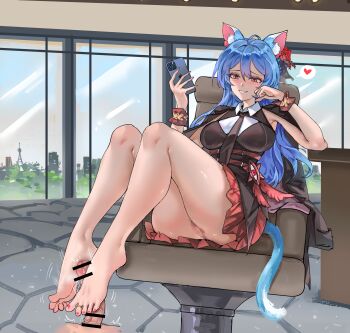 1girl absurdres animal_ears barefoot blue_hair blush cat_ears cat_tail cellphone feet footjob grin highres jewelry long_hair no_panties original parted_lips phone pussy smartphone smile soles tail toe_ring toes ved