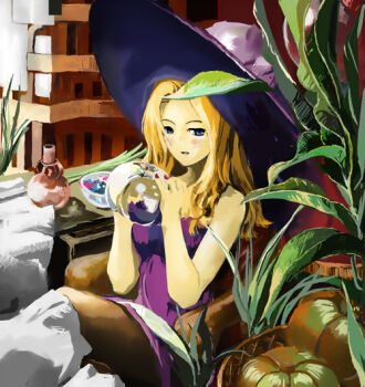 1girl bad_id bare_arms bare_shoulders blue_eyes breasts brown_pantyhose commentary_request deneb_rove dress fingernails hat inaho_(inaho_gekijou) long_hair medium_breasts nail_polish no_nose open_mouth orange_hair pantyhose pumpkin purple_dress purple_hat red_nails short_dress sitting solo strapless strapless_dress tactics_ogre witch_hat