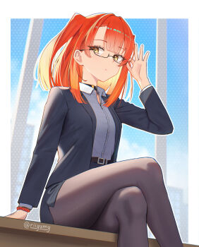 absurdres adjusting_eyewear belt black_choker border bracelet breasts choker collared_shirt commentary crossed_legs hand_on_eyewear highres jacket jewelry pantyhose pencil_skirt red_hair riiyumy shirt short_hair sitting skirt symbol-only_commentary two_side_up watashi_wo_tabetai_hitodenashi white_border white_shirt yashiro_miko yellow_eyes