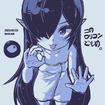 1girl ;p against_fourth_wall backbeako_(torotei) backbeard blue_background blush breasts collarbone commentary cowboy_shot dated dated_commentary gegege_no_kitarou hair_down hair_over_one_eye kono_lolicon_domome leaning_forward loli long_hair looking_at_viewer monochrome naked_towel ok_sign one_eye_closed original paid_reward_available pointy_ears simple_background small_breasts smile solo straight-on tongue tongue_out torotei towel translated very_long_hair watermark web_address