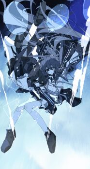 2boys absurdres balloon black_eyes black_hair black_pants black_shoes blue_background blue_eyes bubble heterochromia highres hong_lu_(project_moon) lemonail limbus_company multiple_boys pants ponytail project_moon shirt shoes short_hair shorts white_shirt yi_sang_(project_moon)