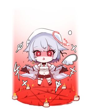 1girl amemiya_nazuna amemiya_nazuna_(1st_costume) angel_wings beam black_panties bright_pupils broken_halo candle cult_of_the_lamb earrings garter_belt garter_straps gradient_hair halo highres jacket key_earrings magic_circle milk_tea_1993 multicolored_hair navel open_clothes open_jacket panties panty_straps pentagram red_eyes red_halo ritual short_shorts shorts sidelocks simple_background single_wing thigh_strap underwear virtual_youtuber vshojo white_pupils wings yandere_trance