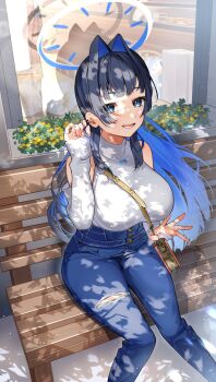 1girl 380_(artist) bag black_hair blue_eyes blue_hair blue_pants blunt_bangs breasts colored_inner_hair commentary denim detached_sleeves ear_piercing fingernails hair_intakes halo halterneck high-waist_pants highres hololive hololive_english jeans large_breasts long_hair long_sleeves looking_at_viewer mechanical_halo multicolored_hair official_alternate_costume official_alternate_hair_length official_alternate_hairstyle on_bench open_mouth ouro_kronii ouro_kronii_(casual) pants piercing shirt shirt_tucked_in shoulder_bag sitting sleeves_past_wrists smile solo torn_clothes torn_pants tree_shade turtleneck twirling_hair virtual_youtuber white_shirt