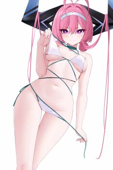 1girl absurdres antenna_hair aqua_choker azur_lane bikini bikini_pull black_horns choker closed_mouth clothes_pull hair_between_eyes hairband highres horns long_hair looking_at_viewer navel pink_eyes pink_hair prinz_rupprecht_(azur_lane) prinz_rupprecht_(midnight_pearl)_(azur_lane) simple_background smile solo stomach swimsuit thighs white_background white_bikini white_hairband zerotwenty_(020)