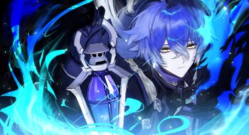 1boy 2ck_dan absurdres bags_under_eyes black_coat blue_fire coat collared_capelet collared_coat crossed_bangs fire flins_(genshin_impact) genshin_impact gloves highres holding holding_lantern lantern male_focus no_pupils original solo upper_body