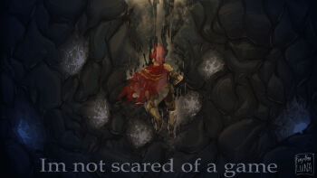 1other air_bubble ambiguous_gender armor boots bubble capelet d3rlord3 english_text falling forgotten_luna from_behind full_body galea_helmet highres other_focus red_capelet searching_for_a_world_that_doesn't_exist underwater