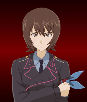 1girl armband black_background black_jacket black_necktie blood blue_armband breasts brown_eyes brown_hair closed_mouth dress_shirt girls_und_panzer gradient_background grey_shirt hand_on_own_arm highres jacket katsuragi_misato large_breasts long_sleeves looking_at_viewer military military_jacket military_uniform mito_(mitotank) necktie neon_genesis_evangelion niedersachsen_military_uniform nishizumi_maho rebuild_of_evangelion red_background scene_reference shirt short_hair shoulder_boards solo upper_body