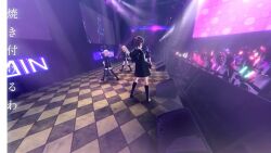 3d 5girls animated arms_up audible_music bare_arms bare_shoulders black_dress black_skirt blonde_hair blue_eyes blue_hair breasts brown_hair closed_mouth dancing dot_nose dress eyebrows eyelashes full_body hair_between_eyes hands_up highres hiumi_nanoka idol karabayashi_aoba karabayashi_itoha kurogane_ren legs long_hair looking_ahead looking_at_another looking_at_viewer multiple_girls music_video official_art open_mouth pink_eyes pink_hair ponytail shine_post short_hair sidelocks skirt small_breasts sound stage standing tagme thighs video yawara_naekawa yellow_eyes