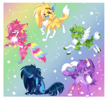 :3 absurdres alternate_species animal animal_focus animalization border care_bears cheer_bear closed_eyes colorful dog eyewear_on_head feathered_wings full_body funshine_bear good_luck_bear grumpy_bear happy heisei_retro highres kipaki long_hair no_humans open_mouth rainbow rainbow_background share_bear smile star_(symbol) tongue tongue_out white_border wings wolf