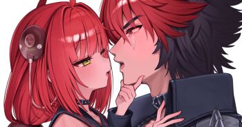1boy 1girl adam&#039;s_apple ahoge belt belt_collar black_belt black_choker black_collar black_hair black_sailor_collar blunt_bangs blush choker collar edajima_denki face-to-face fang green_eyes hair_intakes half-closed_eyes hand_on_another&#039;s_shoulder hand_on_own_chin hand_up headphones hetero high_collar hime_cut komano_manato long_hair looking_at_another multicolored_hair open_mouth pink_nails red_eyes red_hair sailor_collar shoulder_spikes sidelocks spiked_choker spikes teeth tsurime two-tone_hair ukinami_yuzuha upper_teeth_only white_background zenless_zone_zero