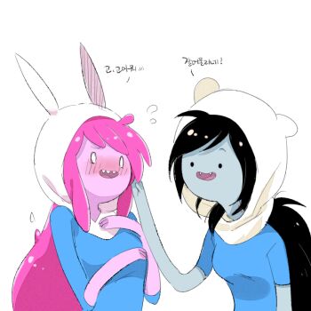 2girls 6_(yuchae) adventure_time bite_mark black_hair blush cartoon_network colored_skin cosplay fangs finn_(cosplay) finn_the_human finn_the_human_(cosplay) grey_skin hood korean_text long_hair marceline_abadeer multiple_girls o_o official_style pink_hair pink_skin princess_bonnibel_bubblegum translated