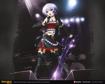 1girl anime_coloring belt black_jacket black_lips black_skirt black_thighhighs blue_hair chain chaos;head choker collarbone corset cross cross_print d-sword detached_sleeves earrings frilled_corset frilled_skirt frilled_sleeves frills garter_straps goth_fashion holding holding_microphone holding_sword holding_weapon inverted_cross jacket jewelry kishimoto_ayase kishimoto_ayase_(fes) leather leather_jacket leather_skirt long_sleeves looking_at_viewer makeup microphone midriff miniskirt navel official_art phantasm red_corset red_eyes red_skirt science_adventure short_hair skirt sword thighhighs weapon