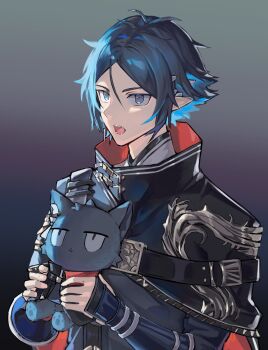 Rule 34 | 1boy, arknights, arm guards, black cape, black shirt, blue eyes, blue hair, cape, chaiko1030, choshanland plushy (arknights), commentary request, fangs, gold trim, gradient background, grey background, high collar, highres, holding, holding stuffed toy, long sleeves, looking to the side, male focus, open mouth, pointy ears, red cape, shirt, short hair, solo, stuffed animal, stuffed cat, stuffed toy, two-sided cape, two-sided fabric, upper body, zuo le (arknights)