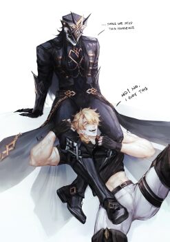Rule 34 | 2boys, abs, absurdres, belt, belt buckle, black belt, black boots, black coat, black gloves, black pants, black shirt, blonde hair, boots, buckle, capitano (genshin impact), coat, commentary, english commentary, english text, genshin impact, gloves, head between thighs, helmet, highres, male focus, midriff, multiple boys, open mouth, pants, parted bangs, parted hair, satan jnr, shirt, short sleeves, thigh belt, thigh strap, triangle mouth, varka (genshin impact), white pants, yaoi