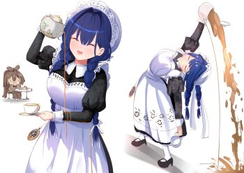 2girls absurdres apron black_dress blue_hair braid brown_hair closed_eyes cup dress feather_hair_ornament feathers hair_intakes hair_ornament hat highres holding holding_saucer holding_teapot hololive hololive_english long_hair low_twin_braids maid maid_apron mob_cap multiple_girls multiple_views nanashi_mumei nanashi_mumei_(1st_costume) official_alternate_costume official_alternate_hairstyle ouro_kronii ouro_kronii_(maid) pocket_watch ponytail saucer simple_background spill spilling table tea teacup teapot twin_braids virtual_youtuber watch white_apron white_background yoruhanamai