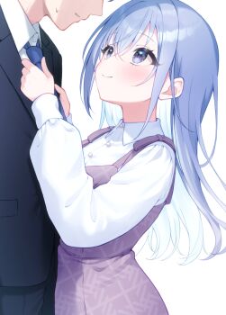 1boy 1girl adjusting_clothes adjusting_necktie black_jacket blue_hair blue_necktie blush closed_mouth collared_shirt commentary_request dress eye_contact eyes_out_of_frame head_out_of_frame highres idolmaster idolmaster_shiny_colors jacket long_hair long_sleeves looking_at_another necktie pinafore_dress producer_(idolmaster) purple_dress purple_eyes shirasato_(phzm8733) shirt simple_background sleeveless sleeveless_dress smile suzuki_hana white_background white_shirt