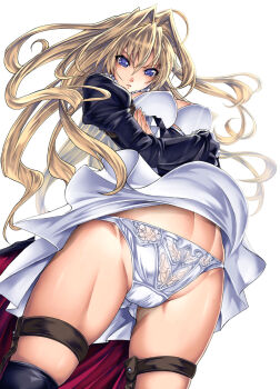 00s 1girl blonde_hair blue_eyes breasts cameltoe covered_erect_nipples crossed_arms female_focus from_below groin large_breasts long_hair looking_down panties saburou_(hgmg) sekirei sideboob solo thigh_strap thighs toned toned_female tsukiumi underwear white_panties