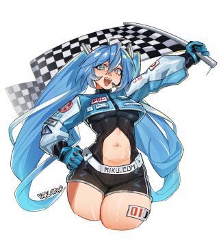 1girl absurdres ahoge alohapz arm_up blue_eyes blue_gloves blue_hair breasts clothing_cutout double-parted_bangs gloves hair_between_eyes hatsune_miku headset highres large_breasts long_hair long_sleeves looking_at_viewer navel navel_cutout open_mouth shiny_skin simple_background smile solo thick_thighs thighs twintails vocaloid white_background