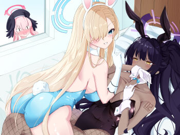 3girls absurdres animal_ears ass asuna_(blue_archive) asuna_(bunny)_(blue_archive) black_leotard blonde_hair blue_archive blue_eyes blue_halo blue_leotard blush bow bowtie breasts collarbone commentary_request dark-skinned_female dark_skin detached_collar fake_animal_ears fake_tail feet_out_of_frame fishnet_pantyhose fishnets full-face_blush gloves hair_over_one_eye halo highres indoors karin_(blue_archive) karin_(bunny)_(blue_archive) koharu_(blue_archive) large_breasts leotard long_hair looking_at_another looking_at_viewer looking_inside multiple_girls no_legwear number_tattoo official_alternate_costume on_bed pantyhose pillow pink_hair pink_halo playboy_bunny purple_hair purple_halo rabbit_ears rabbit_tail rainseason strapless strapless_leotard tail tattoo traditional_bowtie variant_set very_long_hair white_gloves window yellow_eyes