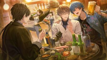 2girls 3boys absurdres alcohol bad_id bad_twitter_id bar_(place) beer black_hair black_jacket black_shirt blue_hair blue_jacket bottle brant_(wuthering_waves) brown_hair chopsticks closed_eyes collared_shirt commentary_request cup doomie1 drinking_glass drunk dual_persona eating female_rover_(wuthering_waves) food grey_pants grill hair_ribbon highres holding holding_chopsticks holding_cup holding_with_chopsticks indoors jacket korean_commentary long_hair male_focus male_rover_(wuthering_waves) meat mechanical_hands midriff multiple_boys multiple_girls navel open_mouth pants ribbon rover_(wuthering_waves) shirt short_hair single_mechanical_hand sitting smile tacet_mark_(wuthering_waves) tongs white_shirt wuthering_waves xiangli_yao_(wuthering_waves) yellow_ribbon