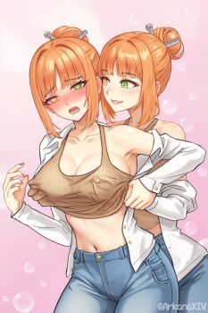 2girls armpits artist_self-insert bare_shoulders blue_pants blush breasts brown_tank_top bubble chinese_commentary cleavage collarbone commentary commentary_request covered_erect_nipples cowboy_shot crop_top da_akana_xiv denim drooling english_commentary grabbing_another's_breast grabbing_from_behind gradient_background green_eyes groping hair_bun heart heart-shaped_pupils heterochromia highres holding_another's_wrist jeans large_breasts long_sleeves looking_at_another mixed-language_commentary multiple_girls navel nipple_stimulation nipple_tweak open_clothes open_mouth open_shirt orange_hair original pants parted_lips pink_background pink_nails saliva selfcest shirt smile symbol-shaped_pupils tank_top twitter_username variant_set white_shirt yellow_eyes yuri