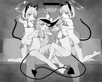 1boy 4girls absurdres animal_ear_headphones animal_ears aotan_(aorin114) bikini blue_archive blush cat_ear_headphones cat_ears cat_tail censored censored_identity commentary_request demon_tail fake_animal_ears full_body greyscale halo hat headphones hetero highres hikari_(blue_archive) kodomo_no_hi loli long_hair looking_at_viewer micro_bikini midori_(blue_archive) momoi_(blue_archive) monochrome multiple_girls nozomi_(blue_archive) open_mouth pointy_ears short_hair siblings sisters sitting smile swimsuit tail twins v