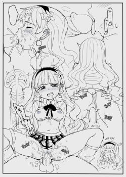 amy_(slammo) anus ass blunt_bangs breasts clothing_aside cowgirl_position cum cum_in_mouth cum_in_pussy drooling fellatio greyscale hairband long_hair medium_breasts monochrome oral original panties panties_aside penis reverse_cowgirl_position saliva sex simple_background slammo straddling underwear white_background