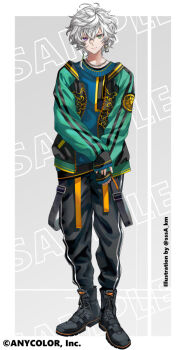 Rule 34 | 1boy, antenna hair, belt, belt buckle, black boots, black jacket, black pants, blue sweater, boots, border, braid, buckle, chain, chain necklace, closed mouth, cloud print, commentary request, copyright notice, crew neck, crossed bangs, earrings, full body, green eyes, green jacket, grey background, hair between eyes, hanafuda earrings, heterochromia, jacket, jewelry, koujisako, lace-up boots, long sleeves, looking at viewer, male focus, multicolored jacket, murakumo kagetsu, necklace, nijisanji, official art, open clothes, open jacket, orange belt, outside border, own hands together, pants, pants tucked in, purple eyes, sample watermark, short hair, side braid, simple background, single earring, sleeves past wrists, smile, solo, standing, straight-on, sukajan, sweater, twitter username, two-tone jacket, virtual youtuber, watermark, white border, white hair, xiangyun, zipper