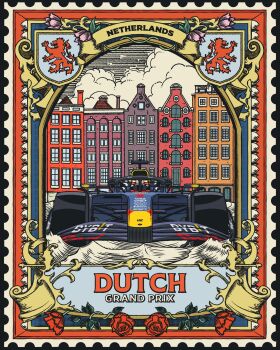 Rule 34 | building, car, chuangraphics, english text, flower, formula one, heraldry, highres, lion, motor vehicle, netherlands, no humans, postage stamp, poster (medium), red flower, vehicle focus