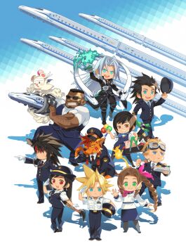 3girls 6+boys aerith_gainsborough artist_request barret_wallace black_hair blonde_hair brown_hair chibi cid_highwind cloud_strife commentary english_commentary final_fantasy final_fantasy_vii final_fantasy_vii_remake highres japan_railways maglev moogle multiple_boys multiple_girls red_fur red_hair red_xiii salute sephiroth third-party_source tifa_lockhart train white_hair yuffie_kisaragi zack_fair