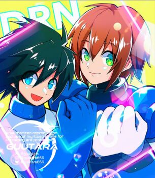 2boys armor black_hair blue_armor blue_bodysuit blue_eyes bodysuit brown_hair commentary_request green_eyes guutara highres in-franchise_crossover male_focus mega_man_(character) mega_man_(classic) mega_man_(series) mega_man_x_(series) multiple_boys ringed_eyes short_hair upper_body watermark x_(mega_man) yellow_background
